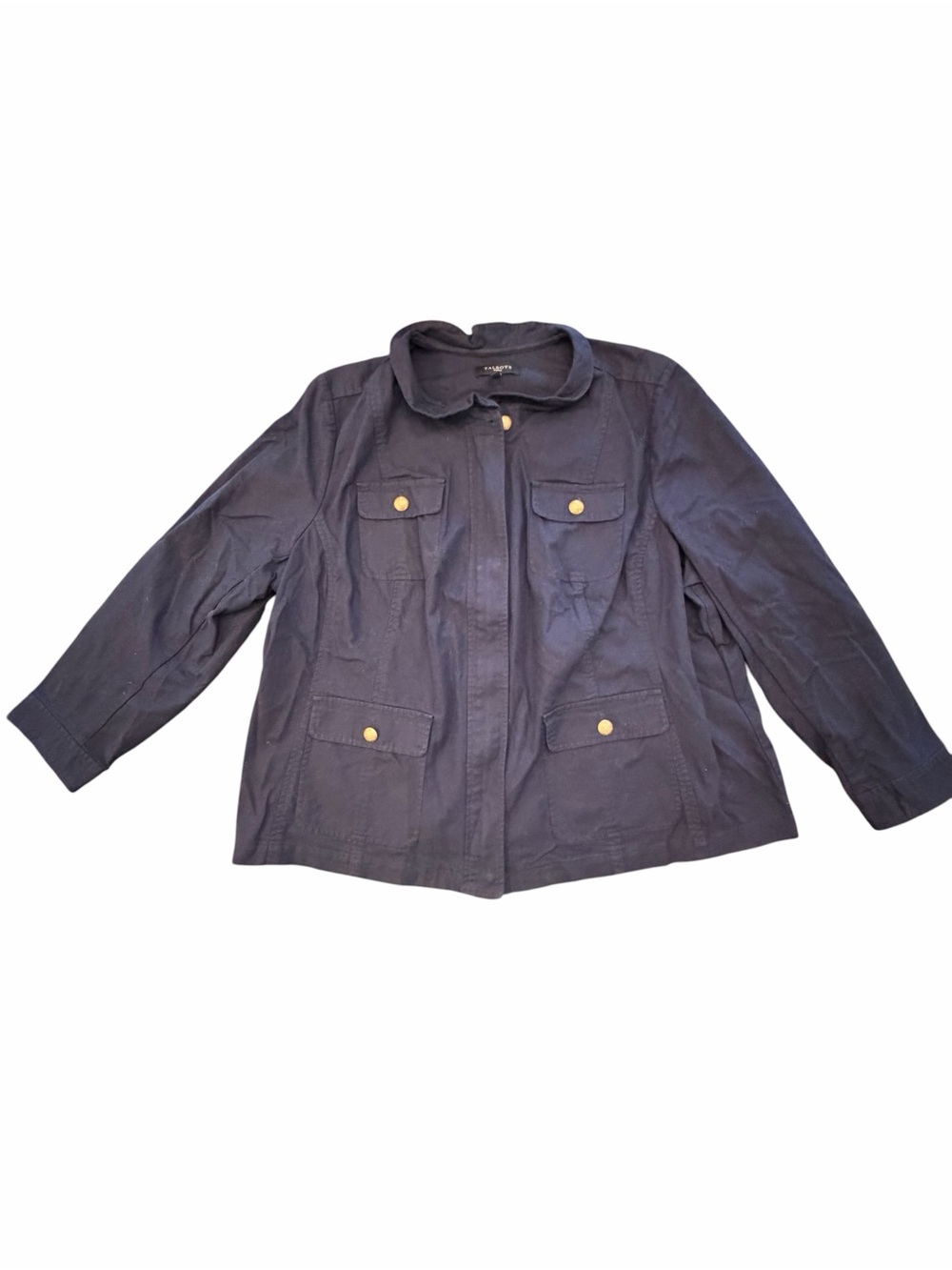 Talbots Navy Blue Utility Jacket Zip Up Military Gold Snaps 4 Pockets 20W Preppy